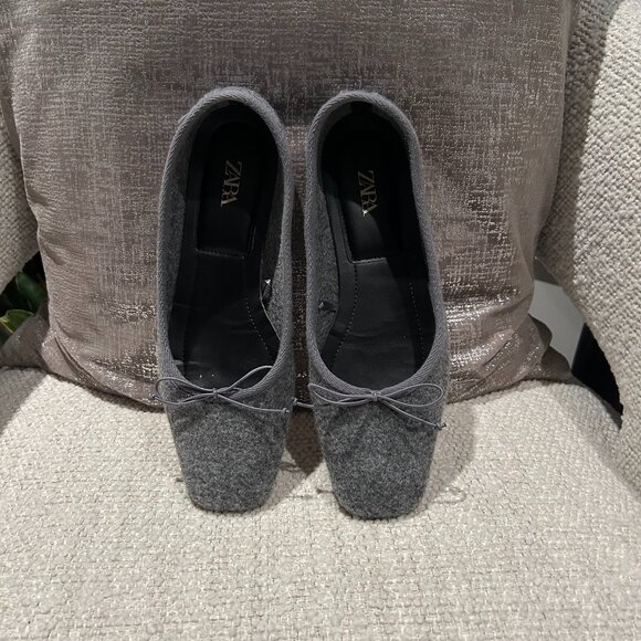 Zara Grey Felt Ballet Flats | Square Toe | Size 37 / US 6.5 - Picture 1 of 5